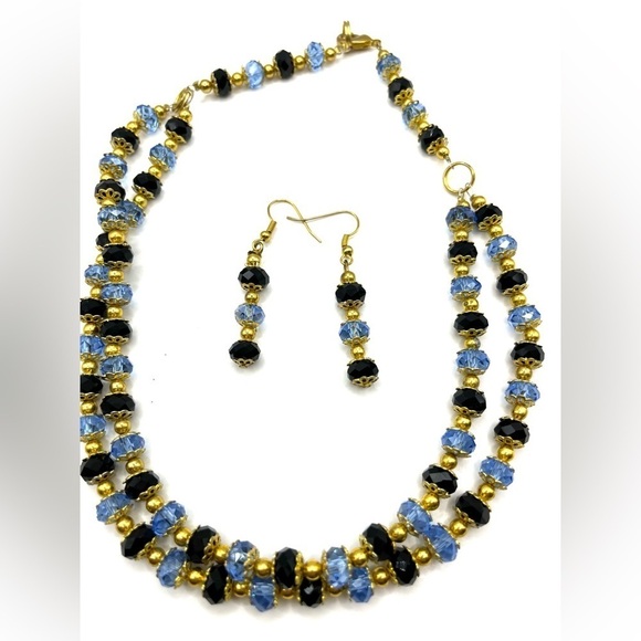 Necklace and Earrings Set Blue and Black Sparkling Beads Gold Tone Layered - Picture 5 of 14
